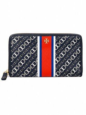 Tory Burch Gemini Link Zip Continental Wallet Navy Red White Chain Print